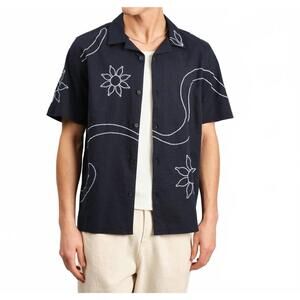 NEW WAX LONDON didcot short sleeve shirt in bold stitch navy